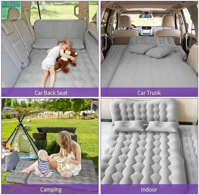 SUV Air Mattress - Thickened and Double Car Air Mattress Sided Flocking Travel Inflatable Car Mattress Bed with Electric Air Pump and 2 Pillows, Car Sleeping Bed for Home Outdoor and Travel-Grey
