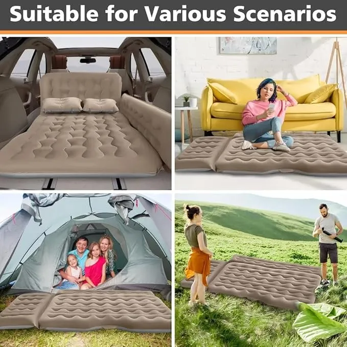 SUV Air Mattress - Thickened and Double Car Air Mattress Sided Flocking Travel Inflatable Car Mattress Bed with Electric Air Pump and 2 Pillows, Car Sleeping Bed for Home Outdoor and Travel-Grey