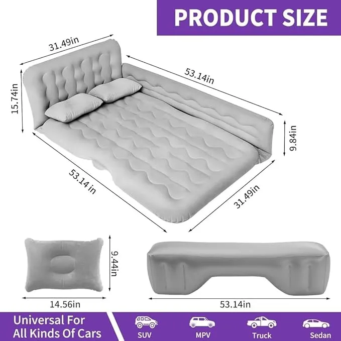 SUV Air Mattress - Thickened and Double Car Air Mattress Sided Flocking Travel Inflatable Car Mattress Bed with Electric Air Pump and 2 Pillows, Car Sleeping Bed for Home Outdoor and Travel-Grey