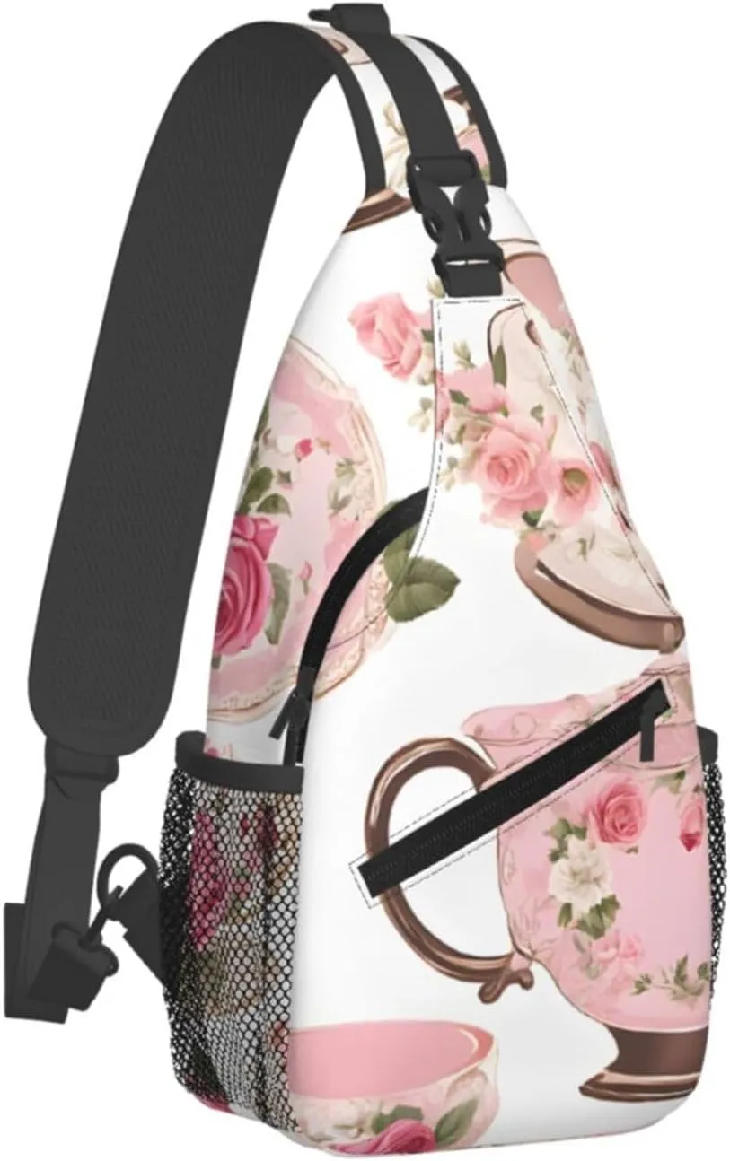 (Tea Cups With Roses Romantic Shabby) Crossbody Chest Bag For Men Women Lightweight Sling Backpack Adjustable Shoulder Bag For Travel Outdoor Daily Use