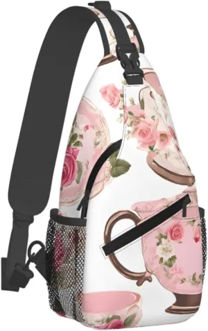 (Tea Cups With Roses Romantic Shabby) Crossbody Chest Bag For Men Women Lightweight Sling Backpack Adjustable Shoulder Bag For Travel Outdoor Daily Use