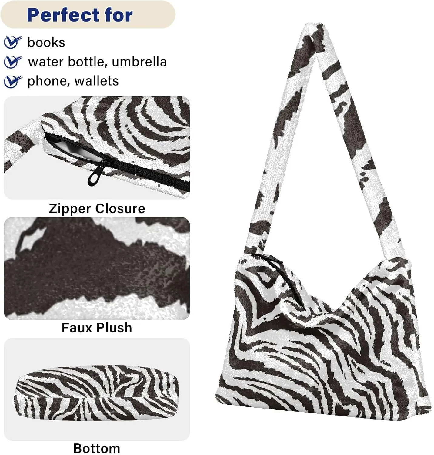 Tig Zebra Animal Print Women Shoulder Bag, Tote Shoulder Bag with Zipper, Tote Shoulder Bag with Zipper for Women
