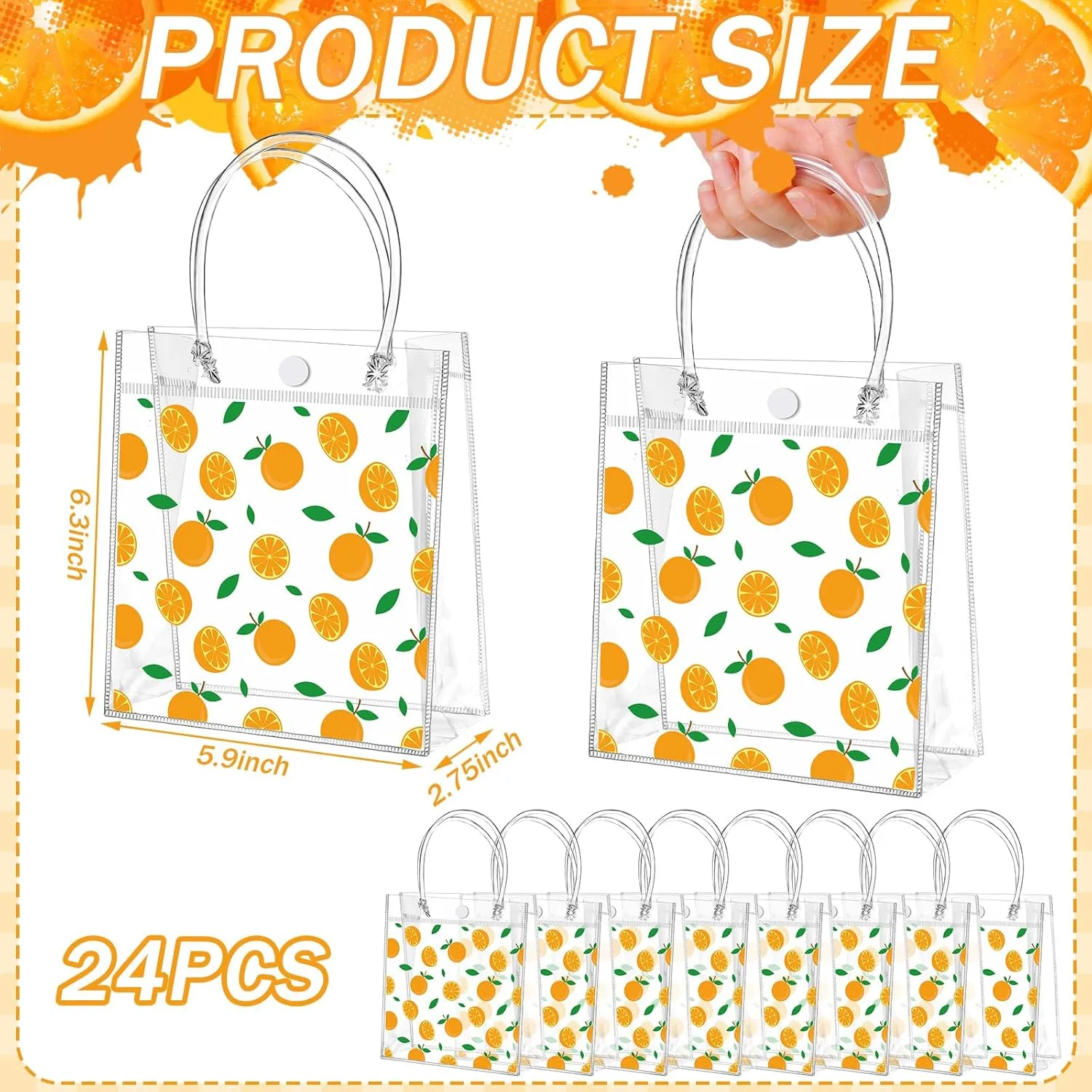 Tioncy 24 Pcs Little Cutie Party Favor Bags Orange Clear PVC Gift Bags with Handles Orange Theme Candy Treat Basket for Little Cutie Baby Shower Decorations Wedding Birthday Summer Party Supplies