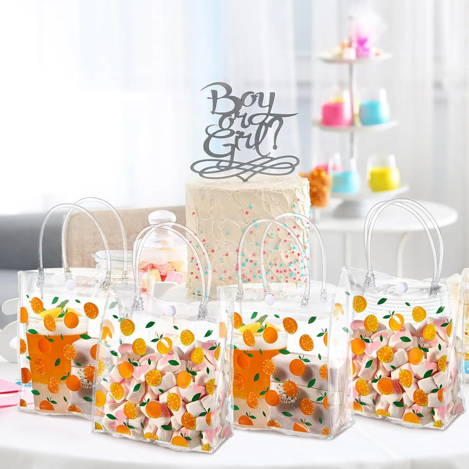 Tioncy 24 Pcs Little Cutie Party Favor Bags Orange Clear PVC Gift Bags with Handles Orange Theme Candy Treat Basket for Little Cutie Baby Shower Decorations Wedding Birthday Summer Party Supplies