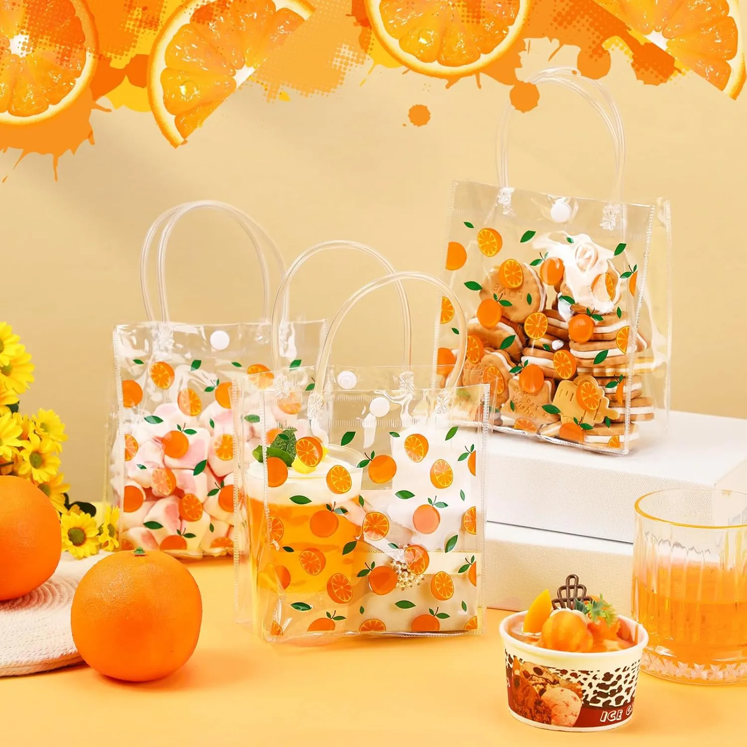 Tioncy 24 Pcs Little Cutie Party Favor Bags Orange Clear PVC Gift Bags with Handles Orange Theme Candy Treat Basket for Little Cutie Baby Shower Decorations Wedding Birthday Summer Party Supplies