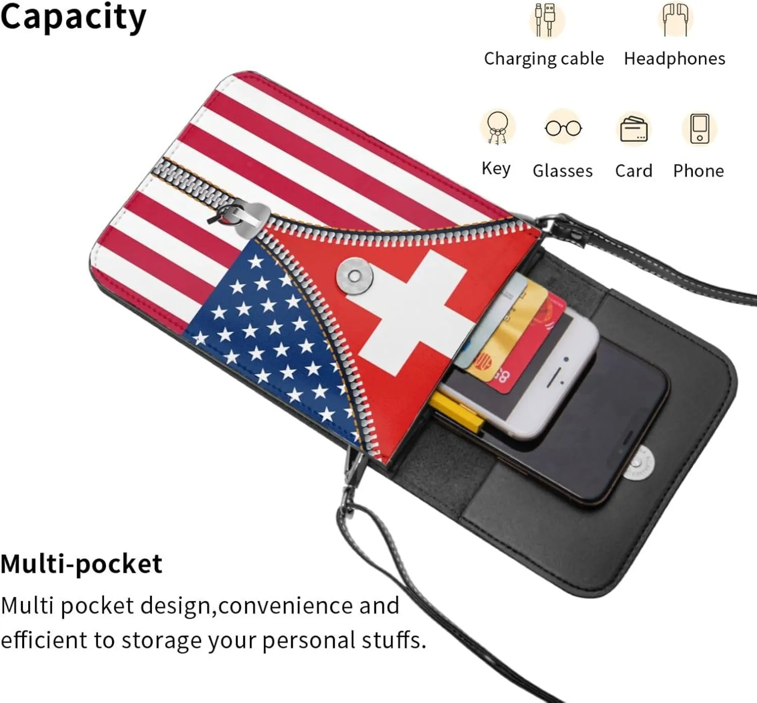 Togolese Togo America Flag Printed Zipper Small Crossbody Purse Cell Phone Bag for Women