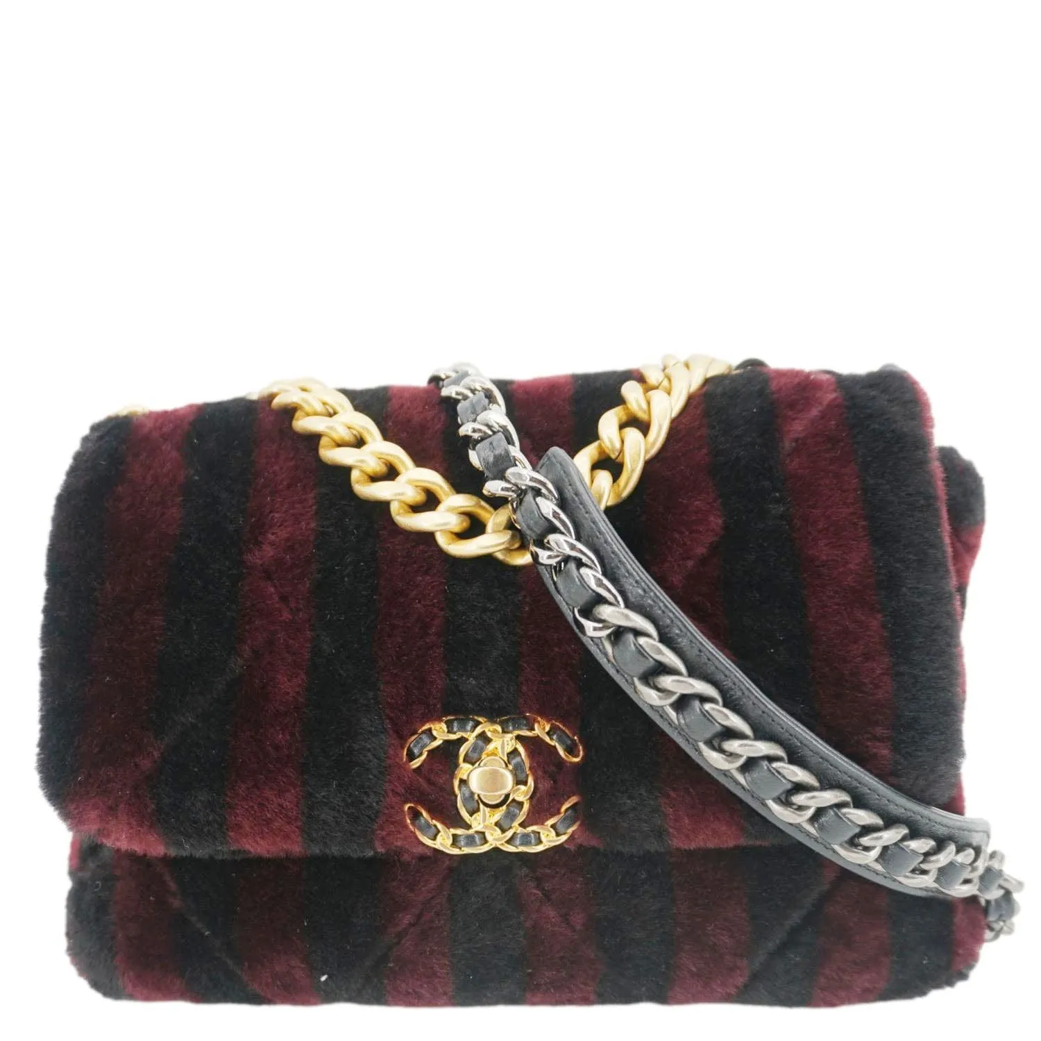 Top Quality Chanel 19 Flap Medium Striped Shearling Shoulder Bag Black