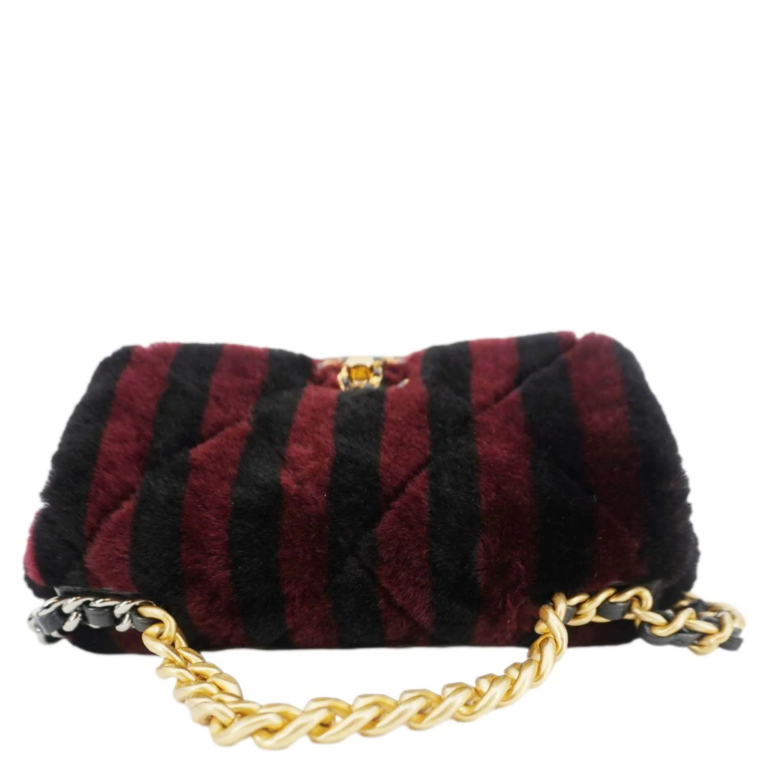Top Quality Chanel 19 Flap Medium Striped Shearling Shoulder Bag Black