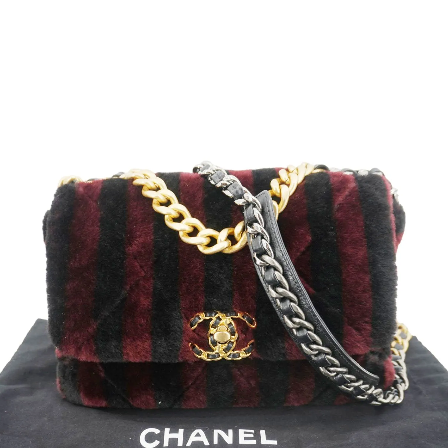 Top Quality Chanel 19 Flap Medium Striped Shearling Shoulder Bag Black