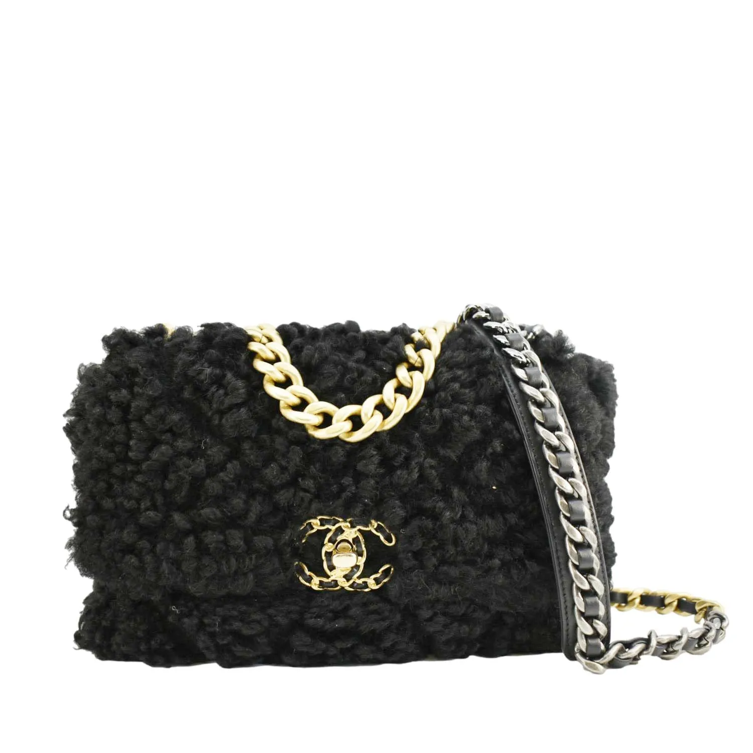 Top Quality Chanel Shearling 19 Flap Medium Sheepskin Shoulder Bag Black