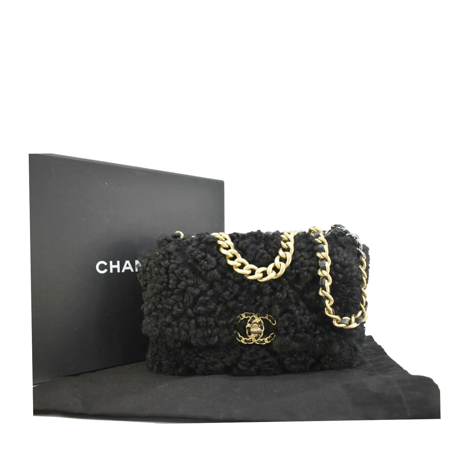 Top Quality Chanel Shearling 19 Flap Medium Sheepskin Shoulder Bag Black
