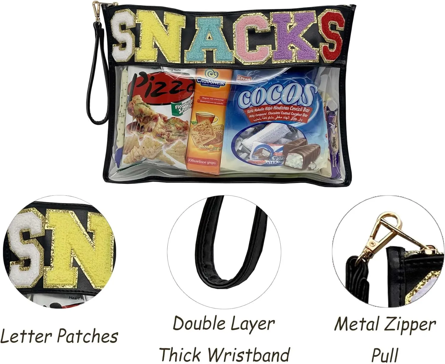 TopTTanBo Chenille Letter Clear Bag Purse Multi-purpose Transparent Waterproof Snacks Makeup Tote Bag with Wrist Strap