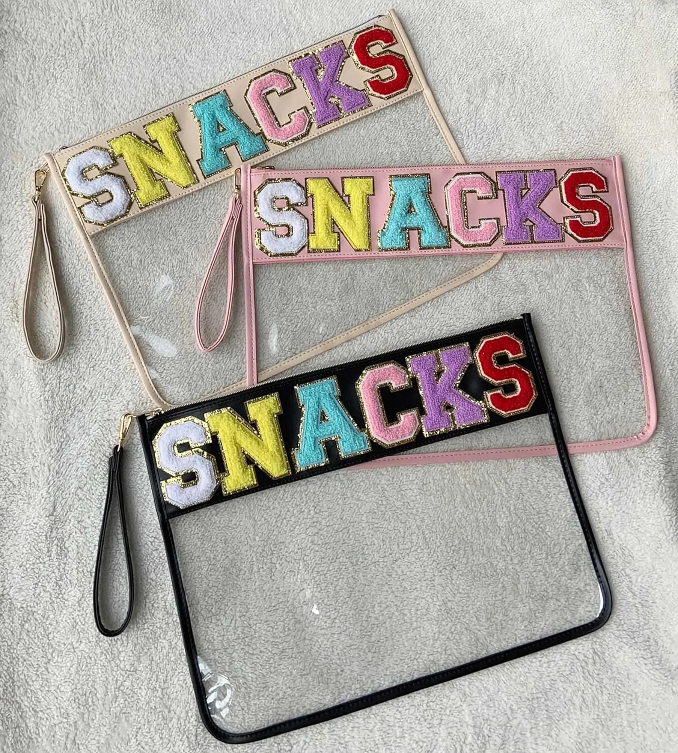 TopTTanBo Chenille Letter Clear Bag Purse Multi-purpose Transparent Waterproof Snacks Makeup Tote Bag with Wrist Strap