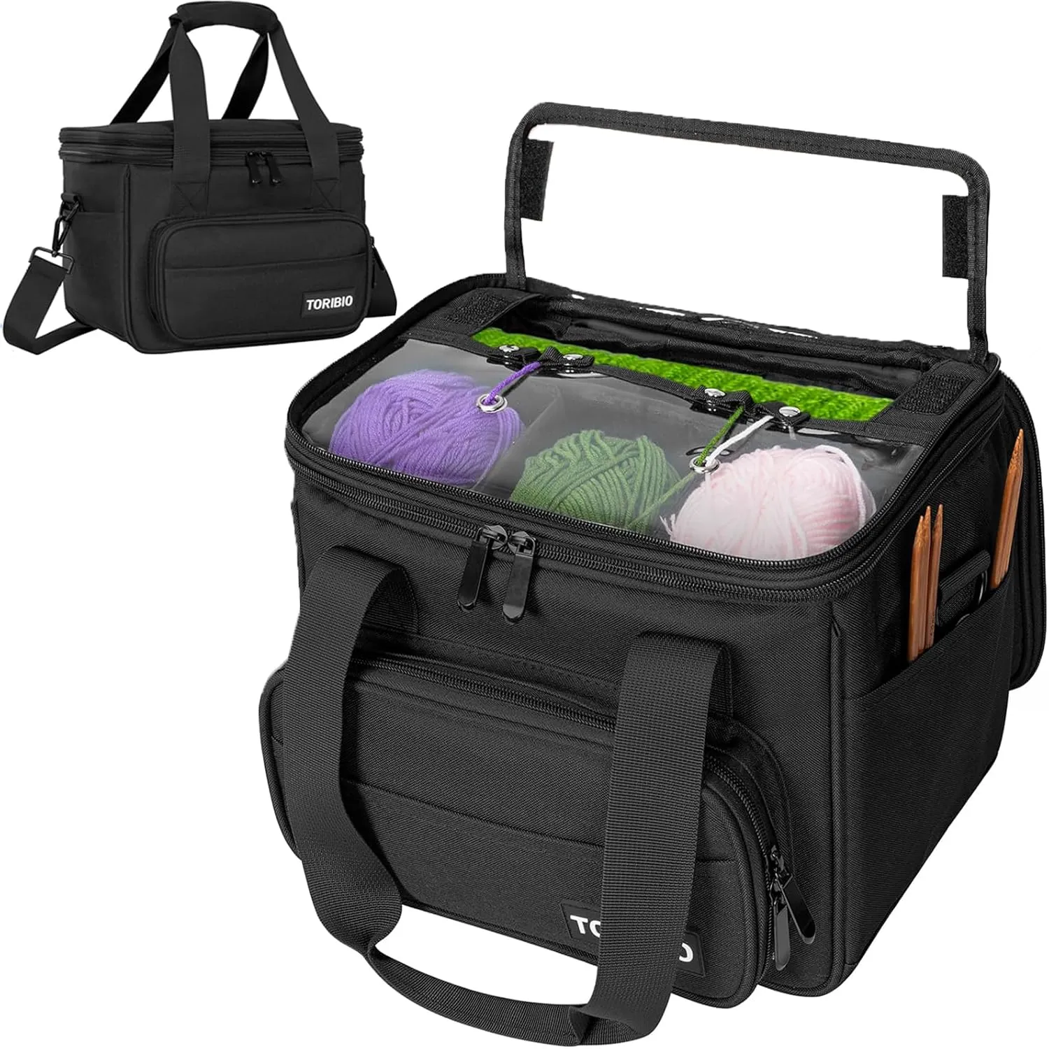 TORIBIO Knitting Bag Yarn Storage Tote, Large Crochet Organizer with Removable Dividers, Yarn Holder Case for Unfinished Project, Knitting Needles, Crochet Hooks, 12.2" x7.9" x8.7"