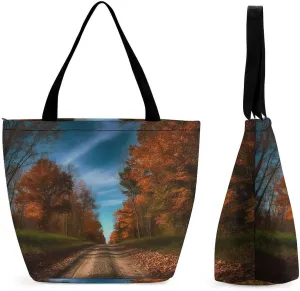 Tote Bag for Women Grocery Bag Dirt Road with Leaves Foldable Shopping Bags Reusable Large Tote Bag