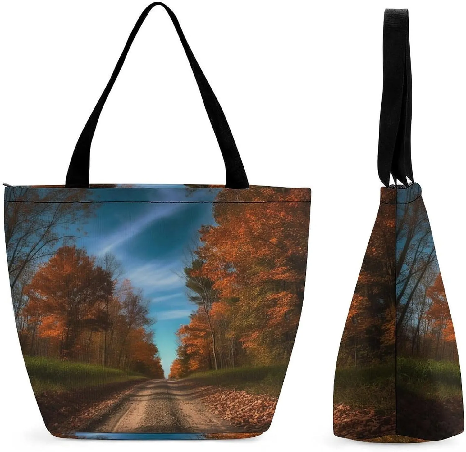 Tote Bag for Women Grocery Bag Dirt Road with Leaves Foldable Shopping Bags Reusable Large Tote Bag