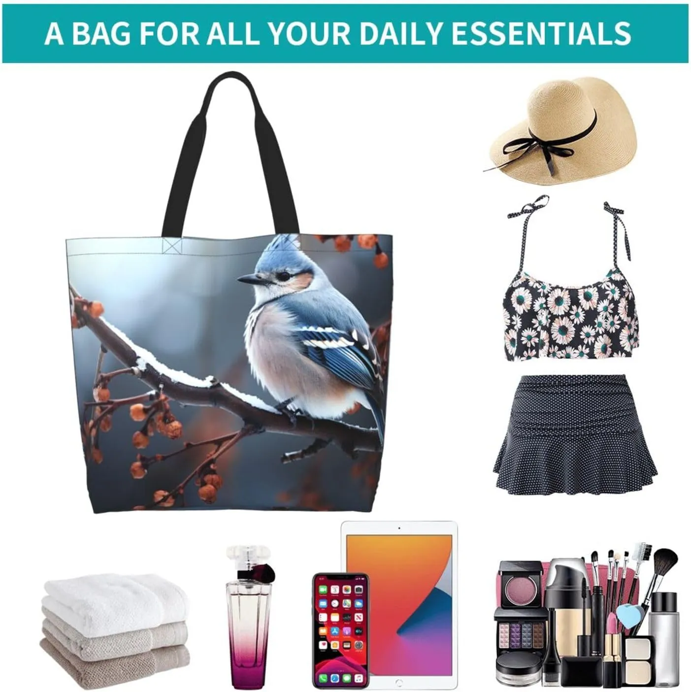 Tote Bag for Women Grocery Bag Reusable Shopping Bag Blue dragonfly and lotus Handbag Foldable Shoulder Bag