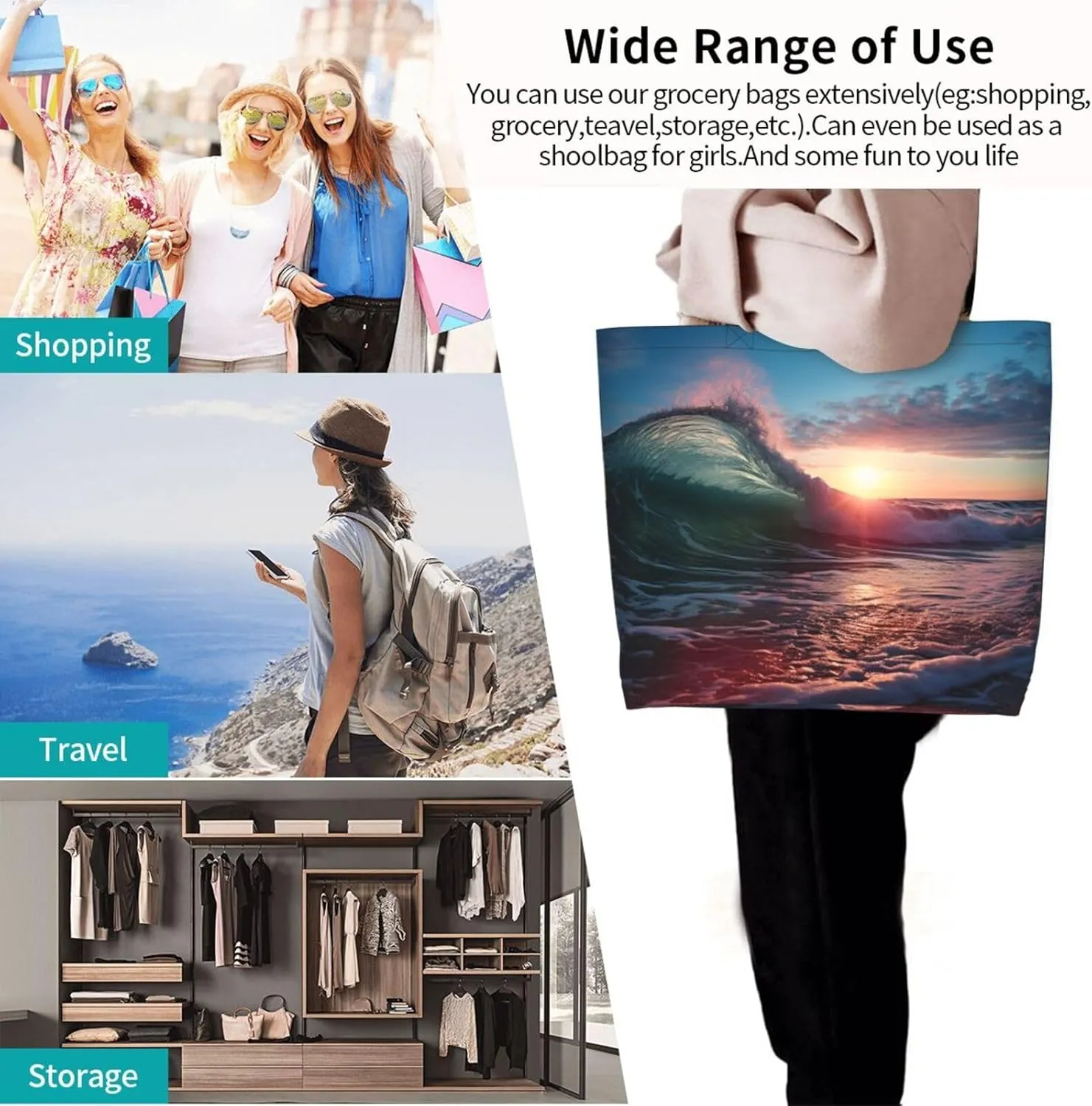 Tote Bag for Women Grocery Bag Reusable Shopping Bag Peacock pattern Handbag Foldable Shoulder Bag