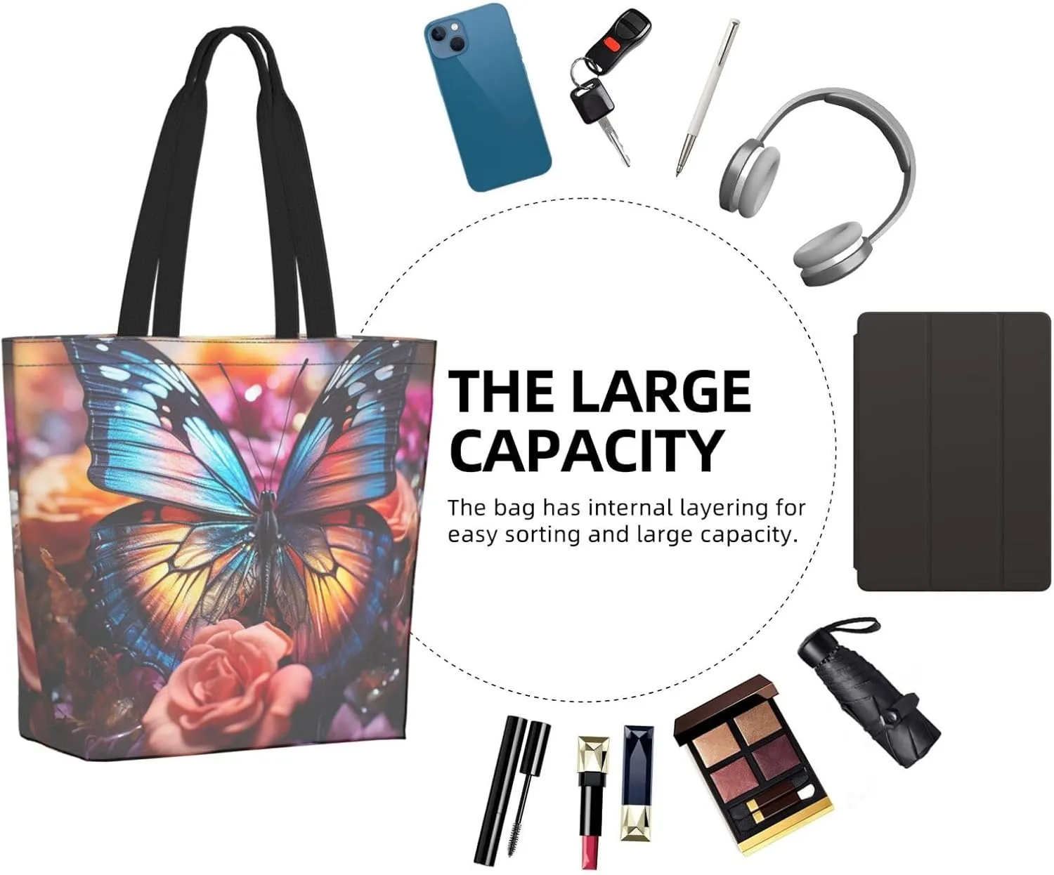 Tote Bag for Women Grocery Bag Reusable Shopping Bag Starry sky butterfly Handbag Foldable Shoulder Bag