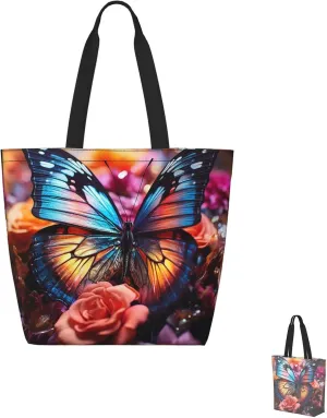 Tote Bag for Women Grocery Bag Reusable Shopping Bag Starry sky butterfly Handbag Foldable Shoulder Bag