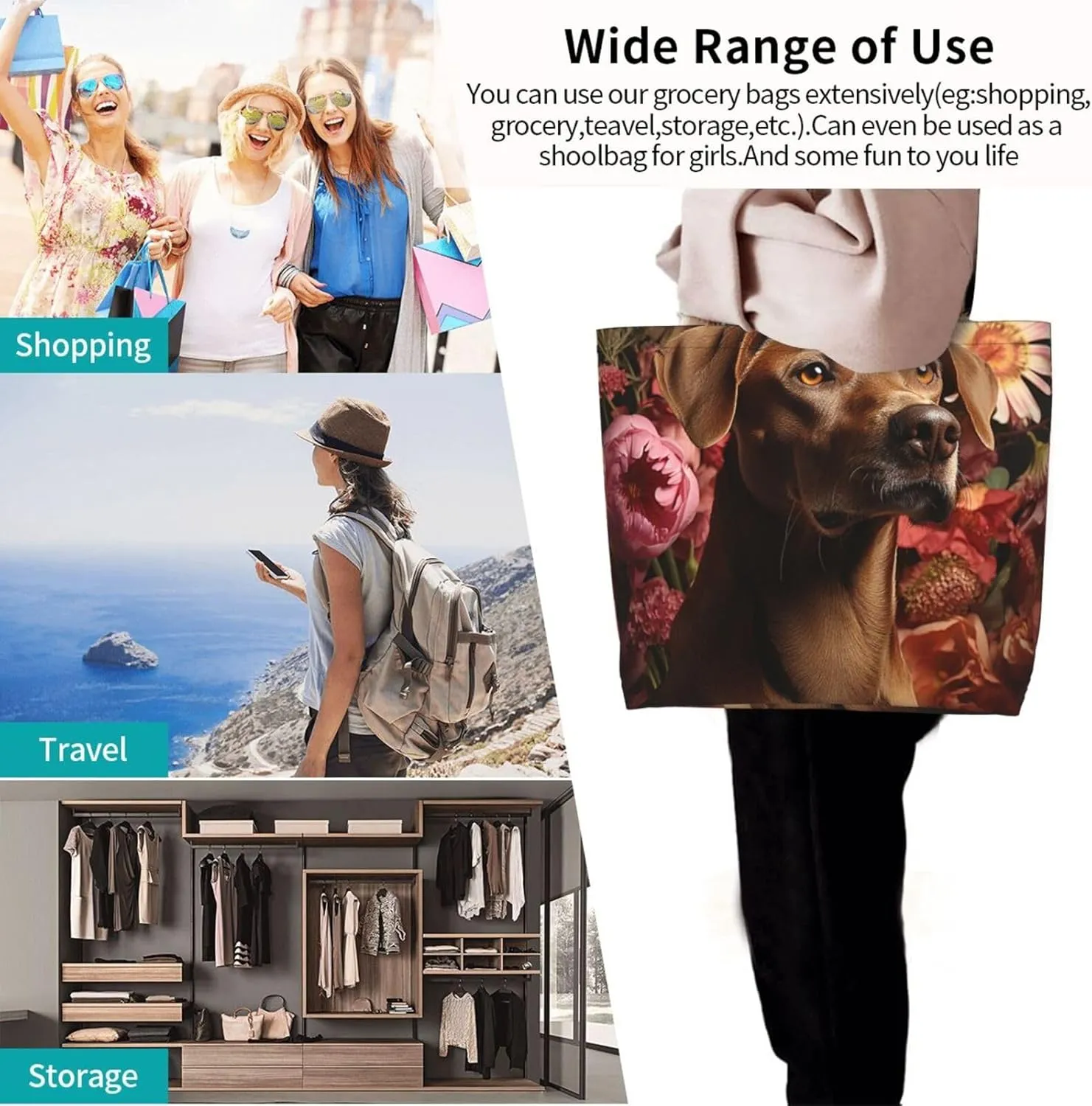 Tote Bag for Women Reusable Grocery Bag Shopping Bag Cat Wearing Flower Tote Bags Handbag Foldable Shoulder Bag