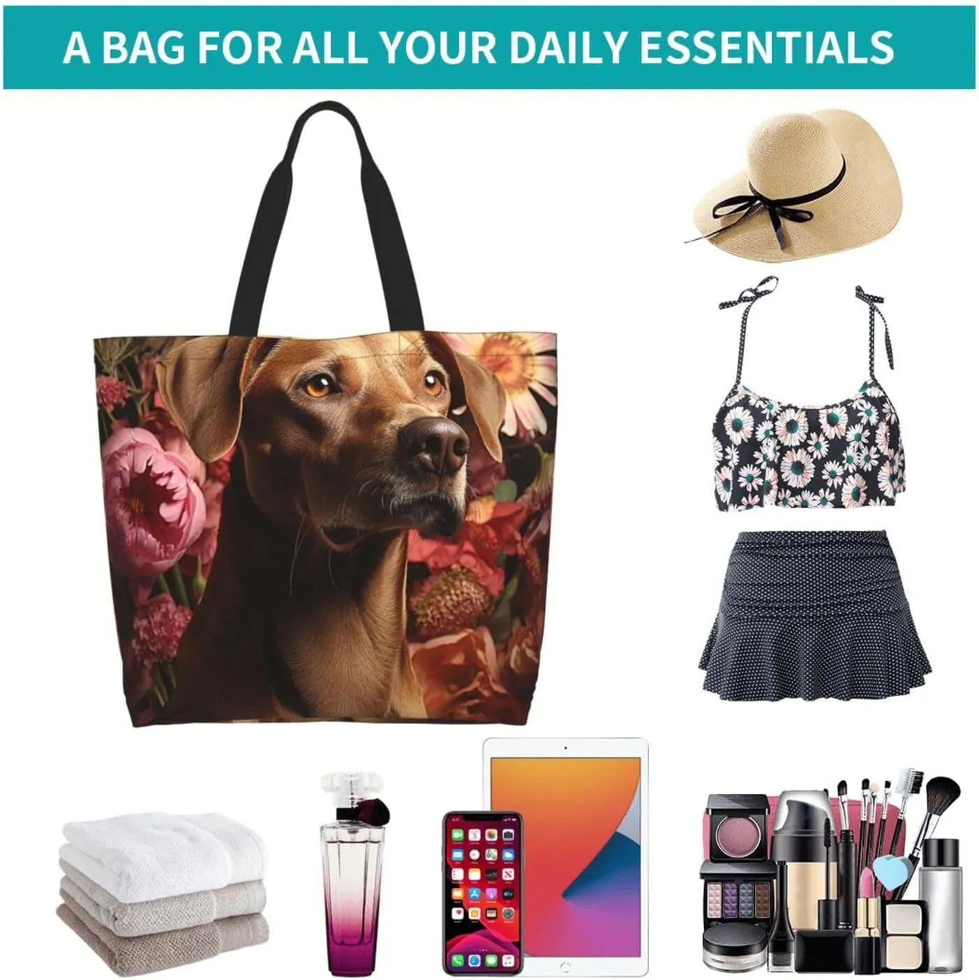 Tote Bag for Women Reusable Grocery Bag Shopping Bag Cat Wearing Flower Tote Bags Handbag Foldable Shoulder Bag