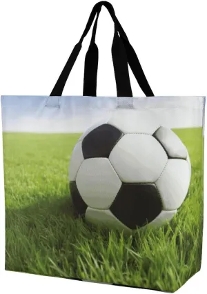 Tote Bag for Women Shoulder Bags Large Tote Bag Beach Bag Handbag Reusable Soccer Ball On Grassy Printed Grocery Bags