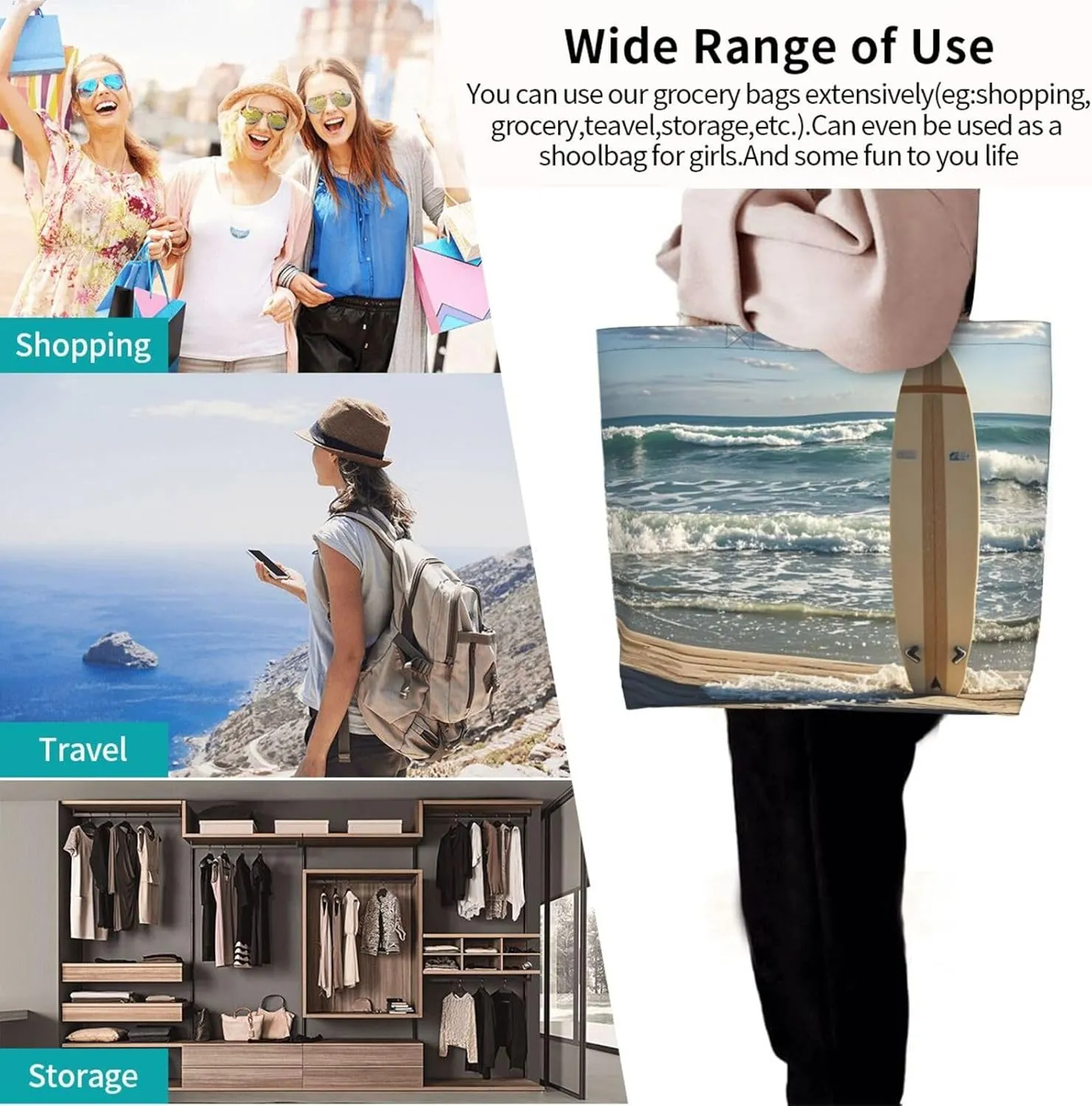 Tote Bag for Women Turquoise Blue Gold Marble Grocery Bag Foldable Shopping Bags Reusable Large Tote Bag