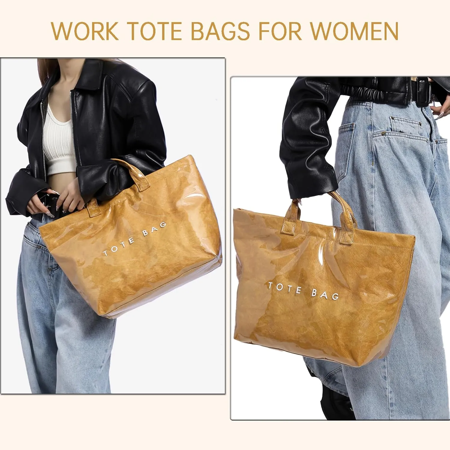 Tote Bag for Women,Large Work Tote Bag Clear Plastic Handbag PVC Letter Printed Bag Kraft Paper Hobo Bag with Handle