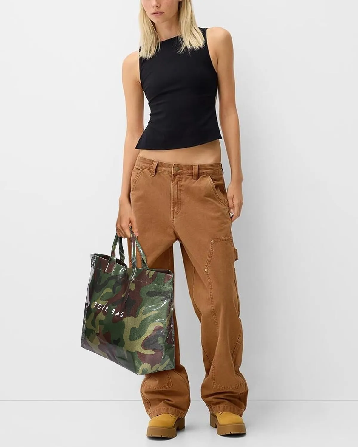 Tote Bag for Women,Large Work Tote Bag Clear Plastic Handbag PVC Letter Printed Bag Kraft Paper Hobo Bag with Handle