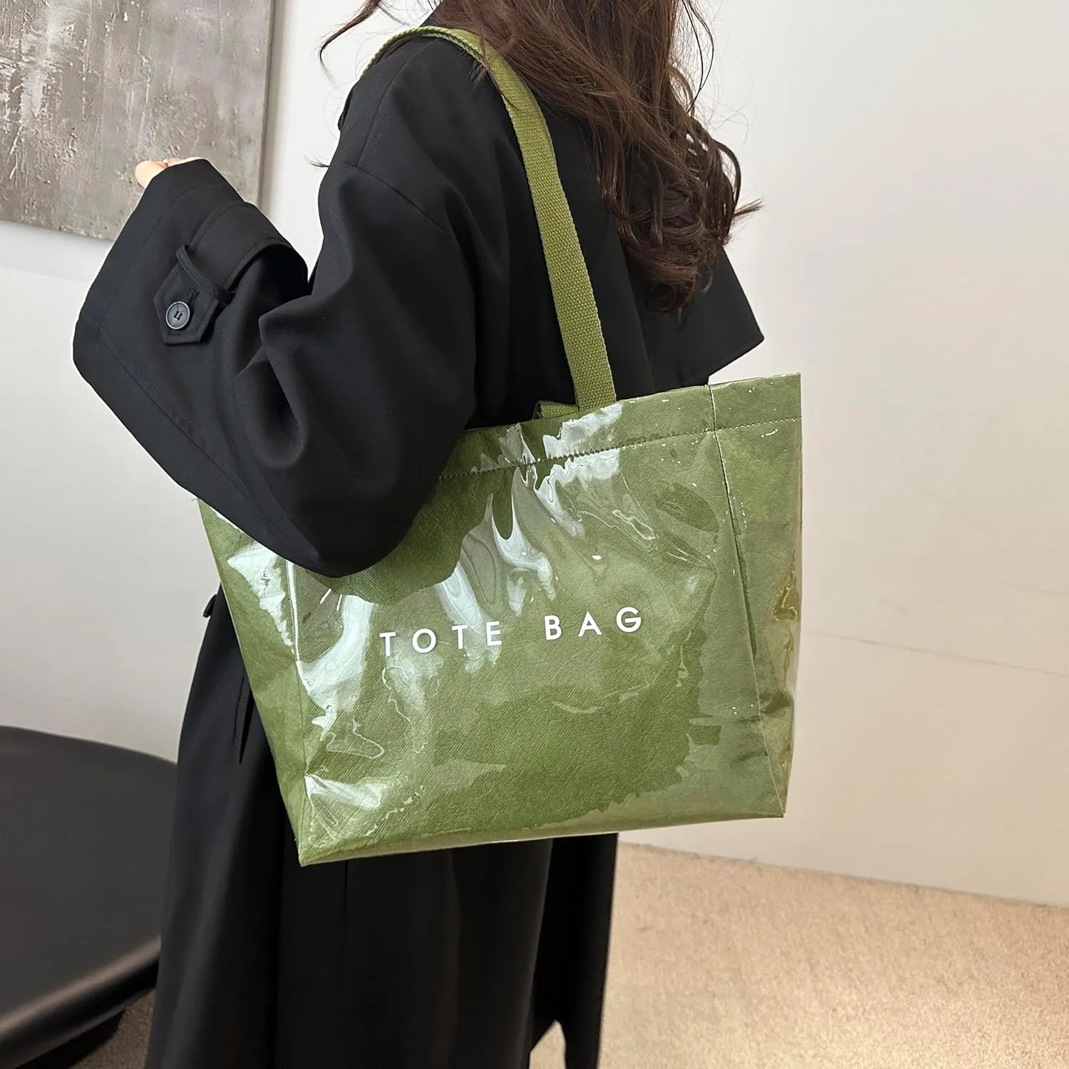 Tote Bag for Women,Large Work Tote Bag Letter Printed Bag PVC Tote Bag Clear Plastic Shoulder Bag Top Handle Hobo Bag