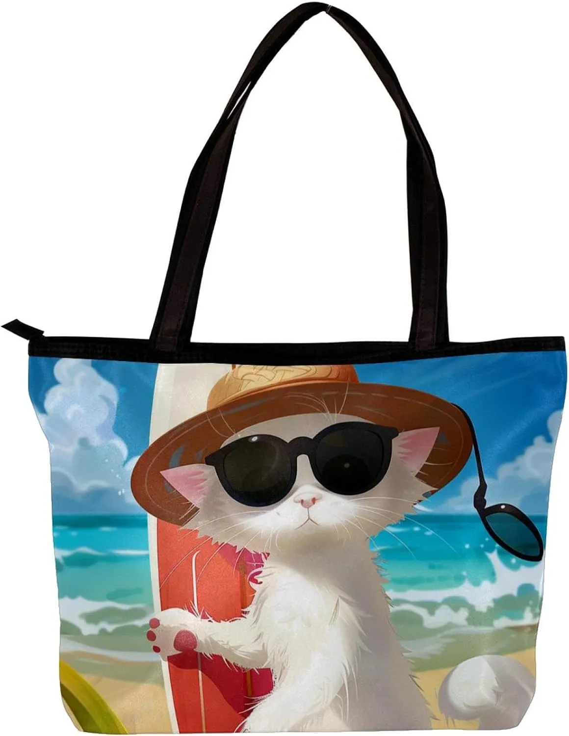 Tote Bags for Women,Womens Handbags,Small Tote Bag,Cat Enjoy Beach
