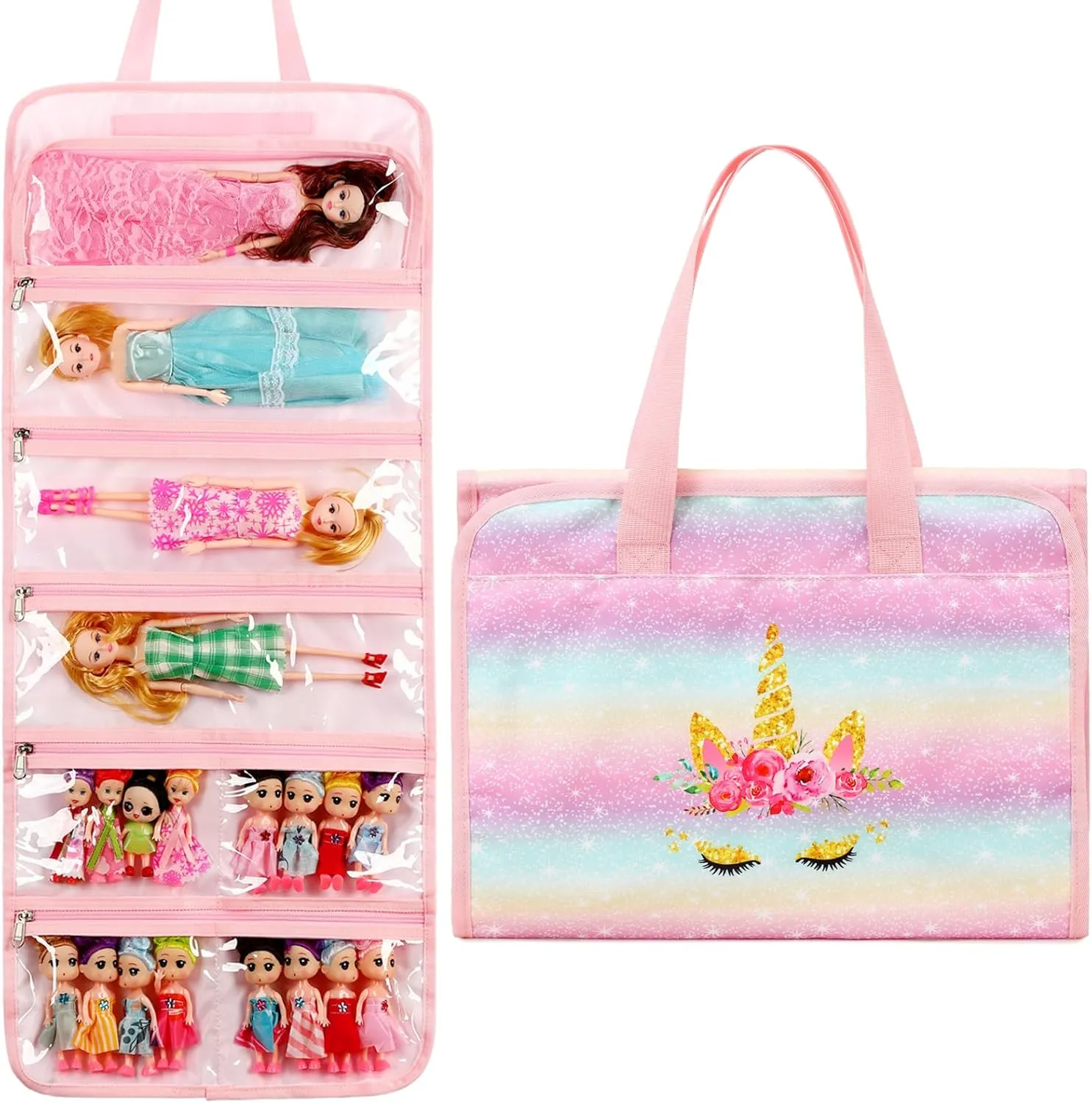 Toy Dolls Storage Bag Tote Carrying Case Compatible with LOL Surprise Toys Dolls Omg, Hanging Organizer Storage Bag with 8 Clear Window Pockets, Bag Only (02-Golden Unicorn)