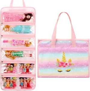 Toy Dolls Storage Bag Tote Carrying Case Compatible with LOL Surprise Toys Dolls Omg, Hanging Organizer Storage Bag with 8 Clear Window Pockets, Bag Only (02-Golden Unicorn)