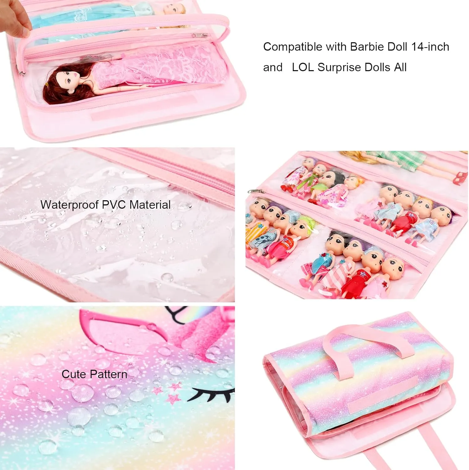 Toy Dolls Storage Bag Tote Carrying Case Compatible with LOL Surprise Toys Dolls Omg, Hanging Organizer Storage Bag with 8 Clear Window Pockets, Bag Only (02-Golden Unicorn)