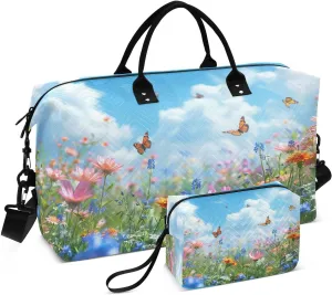 Travel Duffel Bag Large Weekender Overnight Bags for Women Men, Spring Meadow Filled Gym Bag with Toiletry Bag