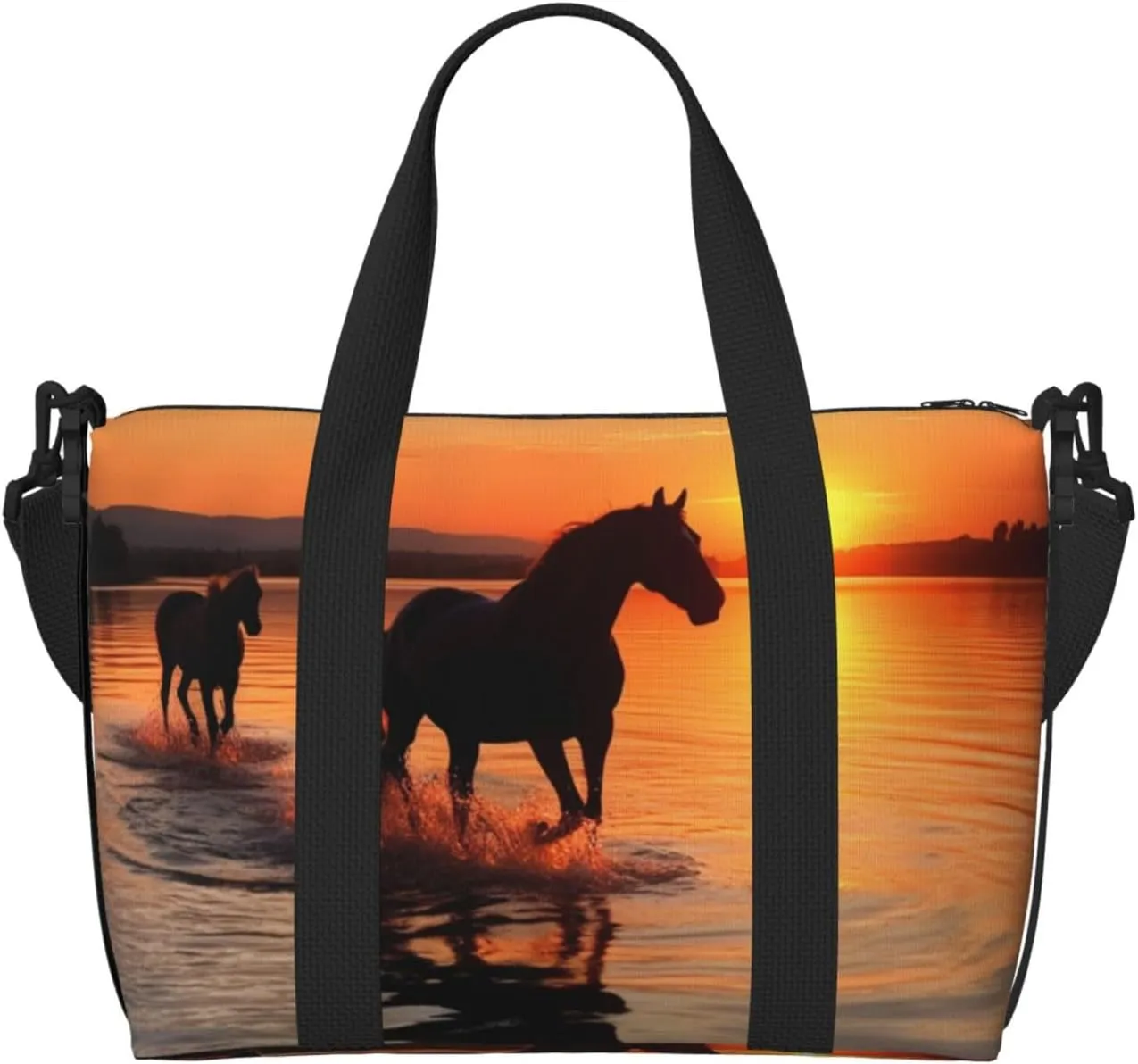 Travel Duffel Bags Personal Item Bag Carry on Luggage Bag Training Handbag Lightweight Waterproof Sports Gym Bag Sunsets Lake Horses Weekender Bag for Women Men