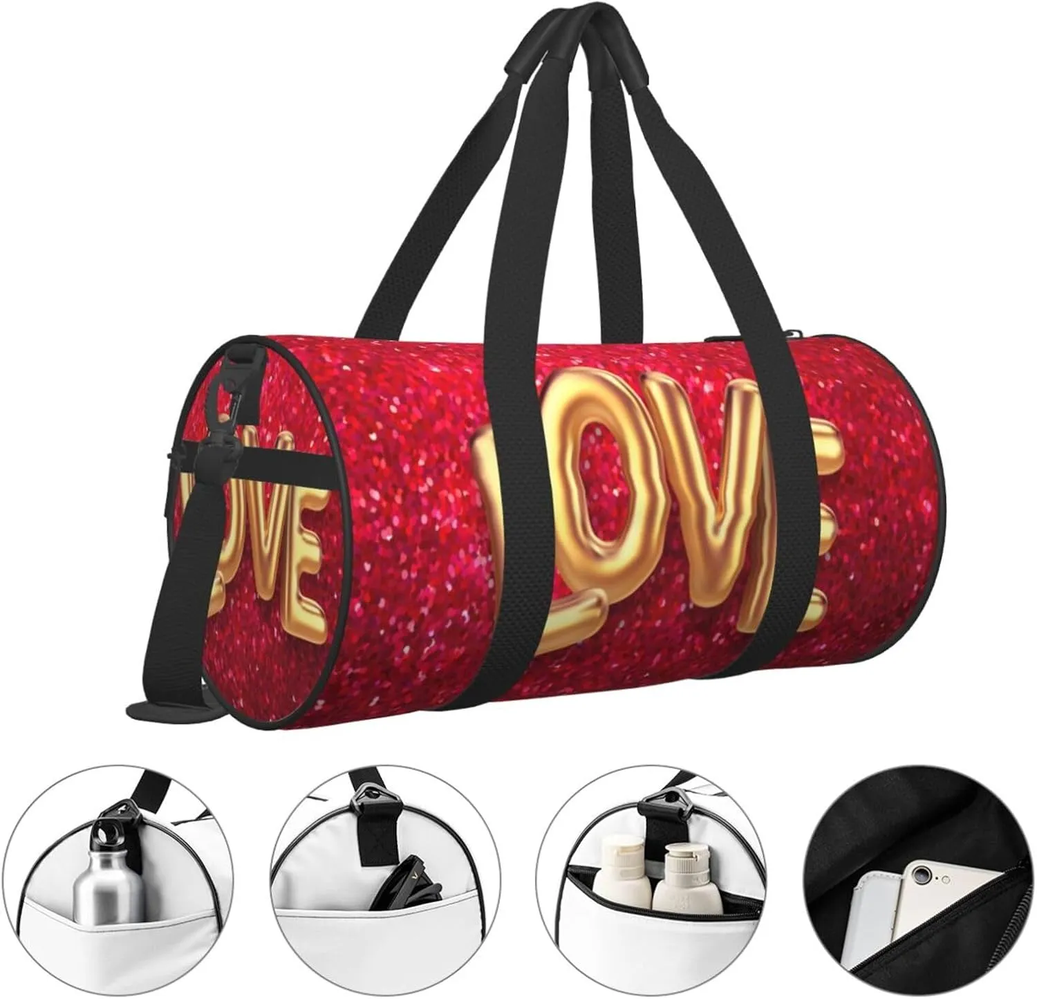 Travel Duffle Bag for Men Women, Gold Love Red Duffle Bags for Sport Gym Overnight Luggage