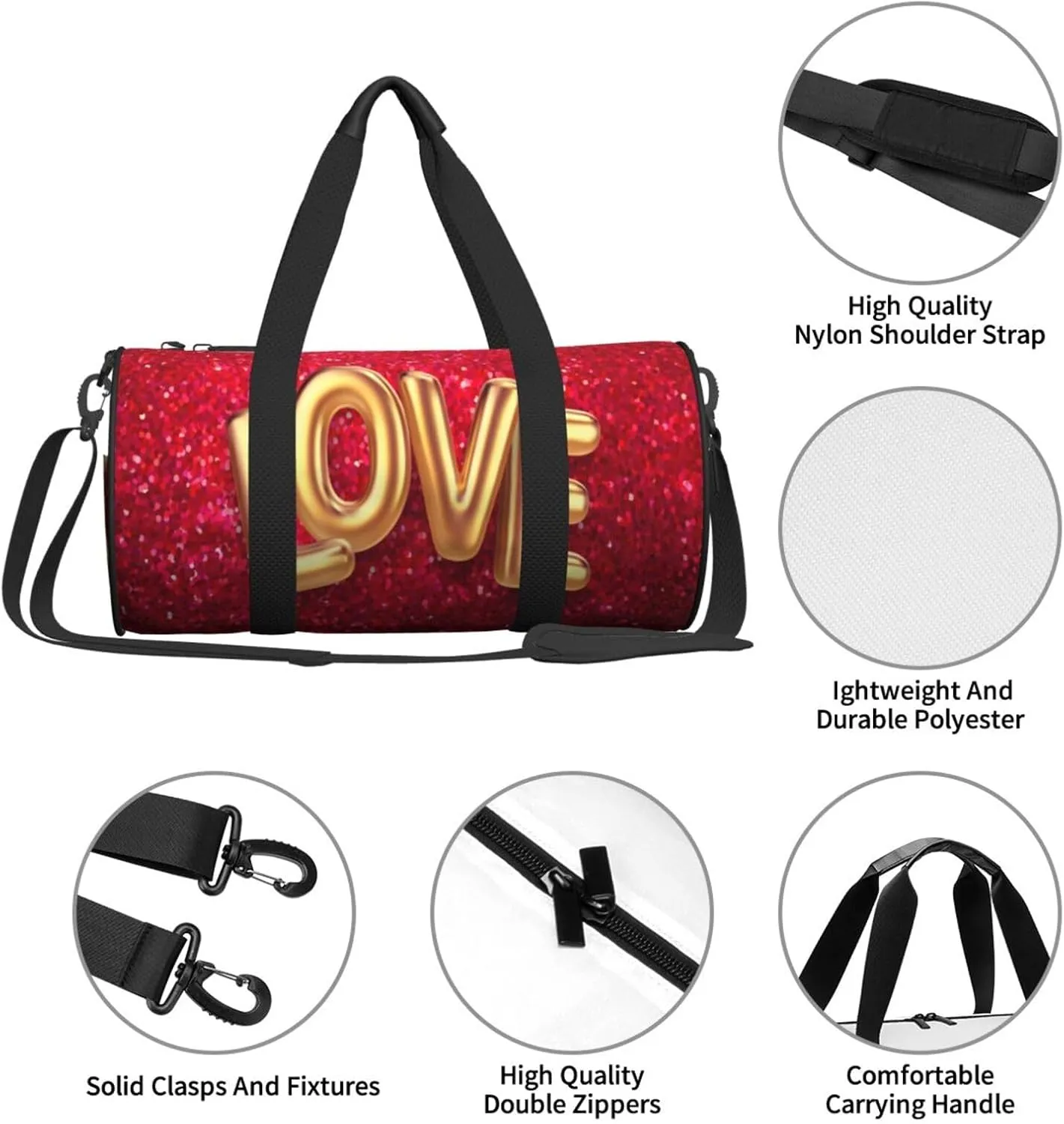 Travel Duffle Bag for Men Women, Gold Love Red Duffle Bags for Sport Gym Overnight Luggage