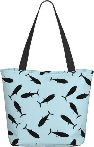 Travel Tote Bag for Women Work - Lightweight Black tuna fish Shoulder Bag Nurse Bag Beach Handbags for Women, Fashion Large Tote Purse for Women with Zipper