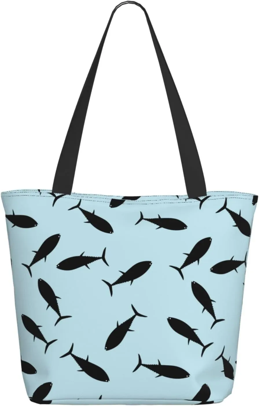 Travel Tote Bag for Women Work - Lightweight Black tuna fish Shoulder Bag Nurse Bag Beach Handbags for Women, Fashion Large Tote Purse for Women with Zipper