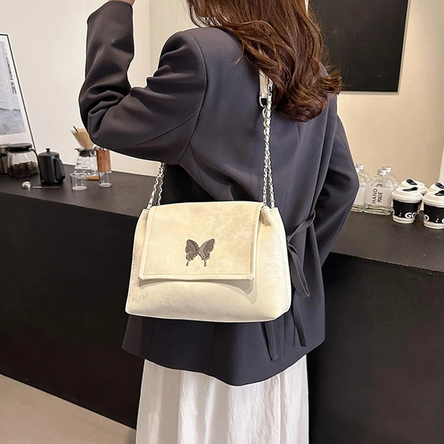 Trendy Hobo Shoulder Bags for Women Butterfly PU Leather Purses and Handbags Ladies Top-Handle Bags with Chain