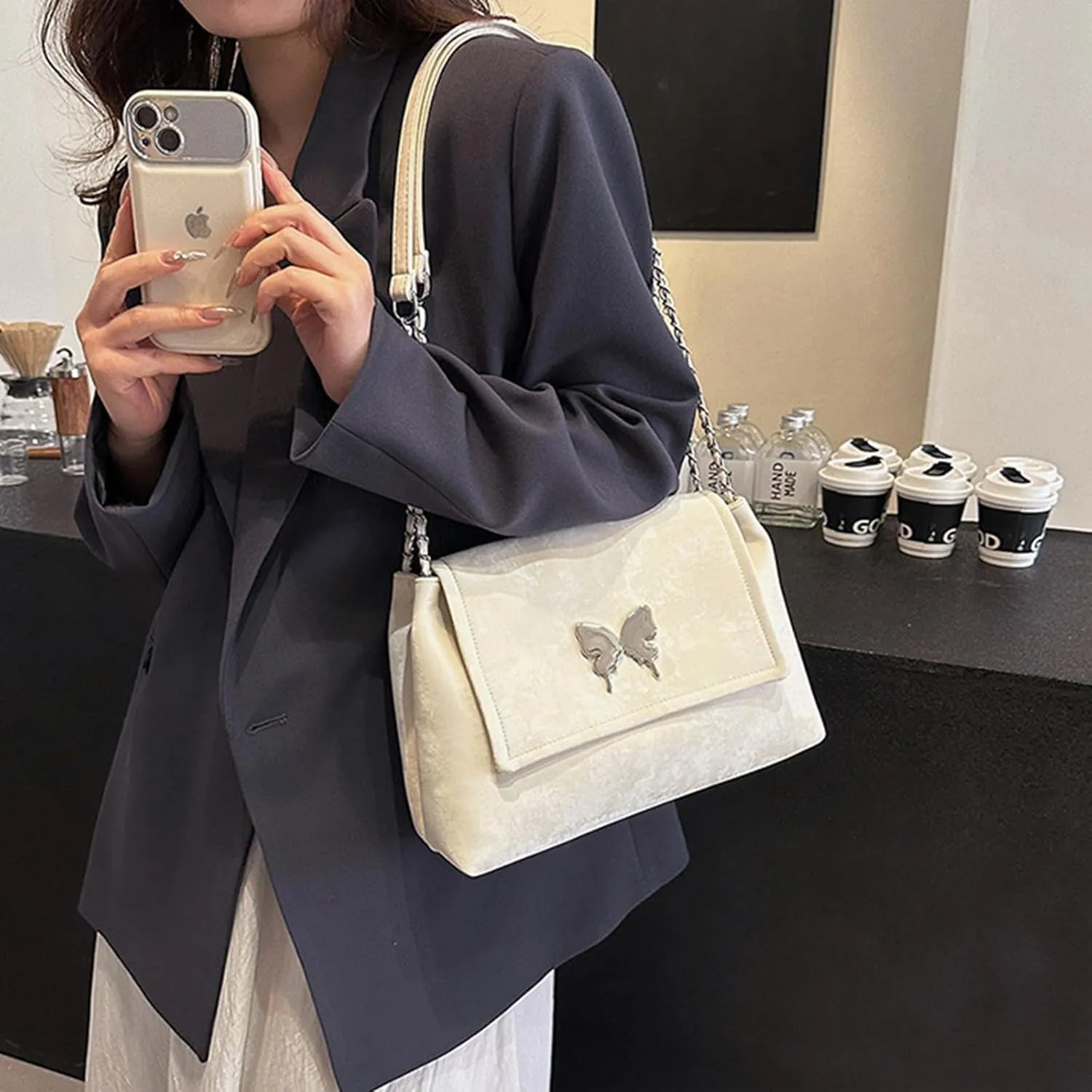 Trendy Hobo Shoulder Bags for Women Butterfly PU Leather Purses and Handbags Ladies Top-Handle Bags with Chain