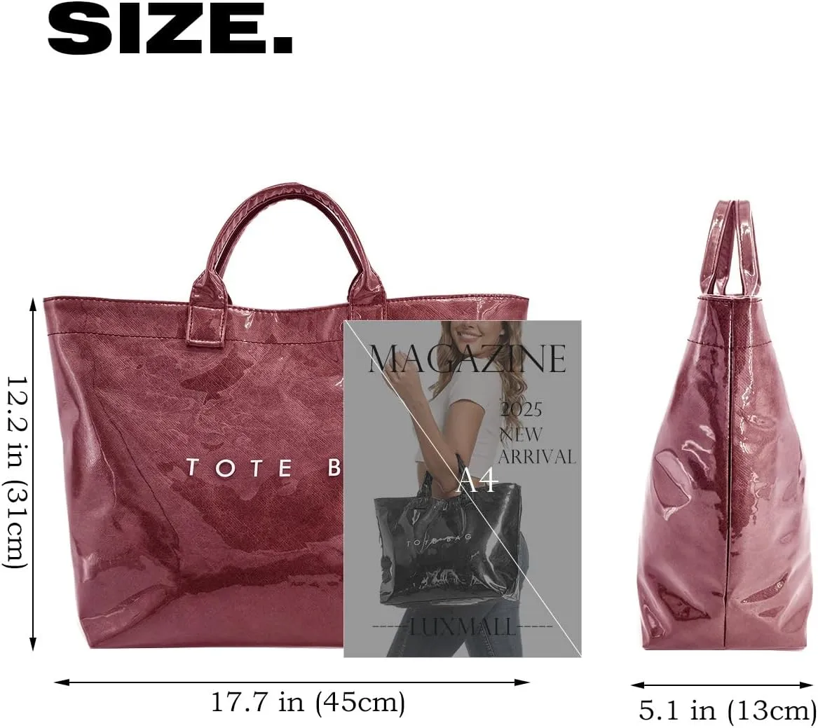 Trendy PVC Tote Bag for Women, Kraft Paper Letter Print Tote Bag Large Hobo Handbags with Top Handle