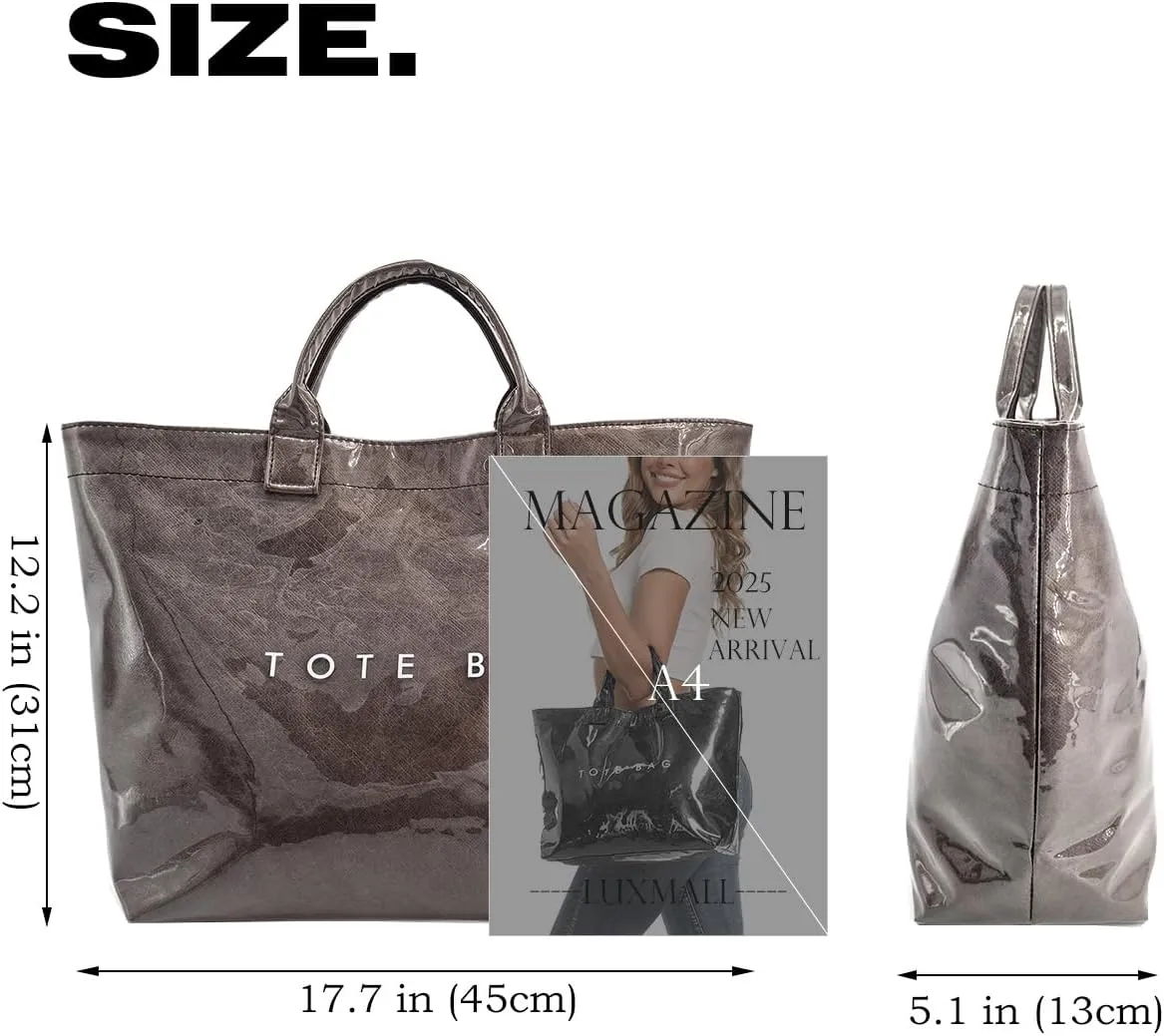 Trendy PVC Tote Bag for Women, Kraft Paper Letter Print Tote Bag Large Hobo Handbags with Top Handle