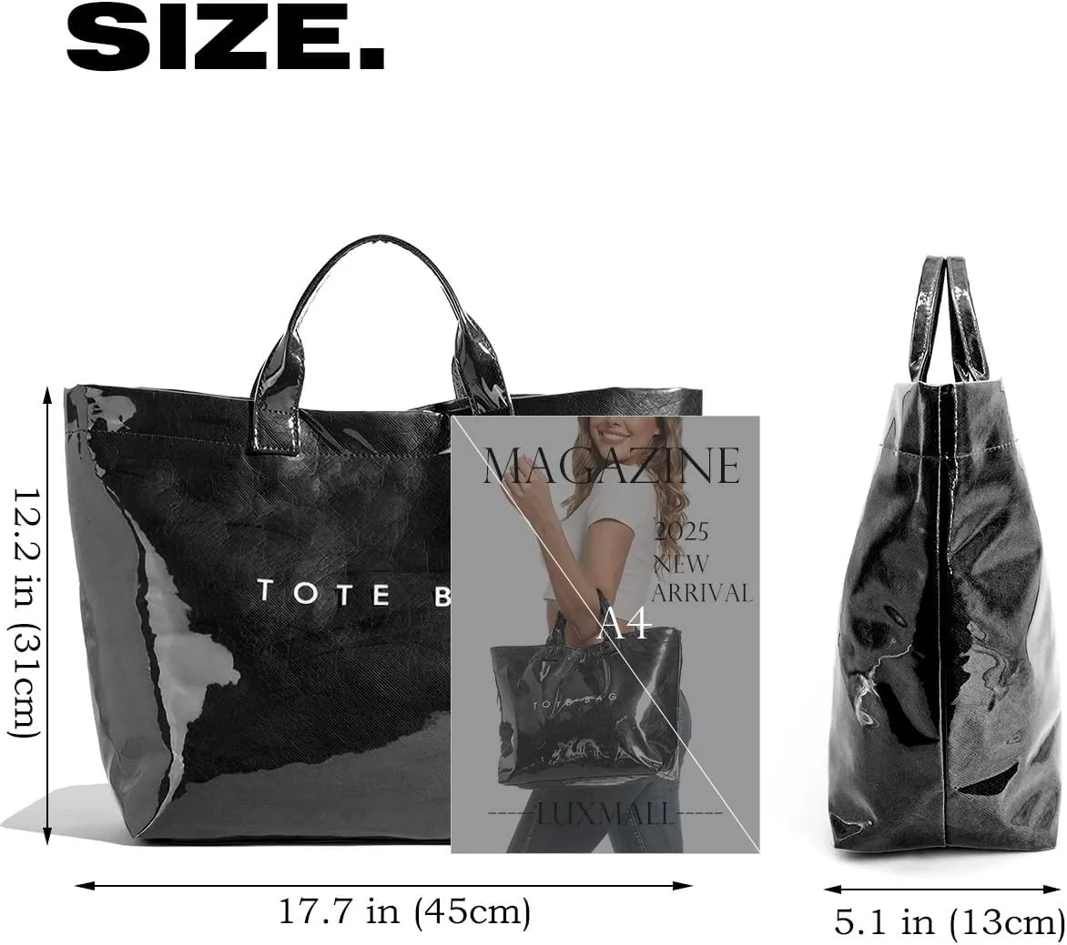 Trendy PVC Tote Bag for Women, Kraft Paper Letter Print Tote Bag Large Hobo Handbags with Top Handle