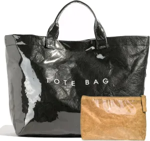 Trendy PVC Tote Bag for Women, Kraft Paper Letter Print Tote Bag Large Hobo Handbags with Top Handle