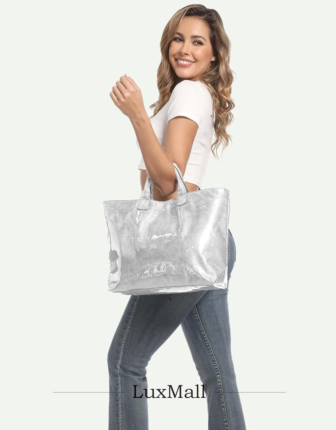 Trendy PVC Tote Bag for Women, Kraft Paper Letter Print Tote Bag Large Hobo Handbags with Top Handle