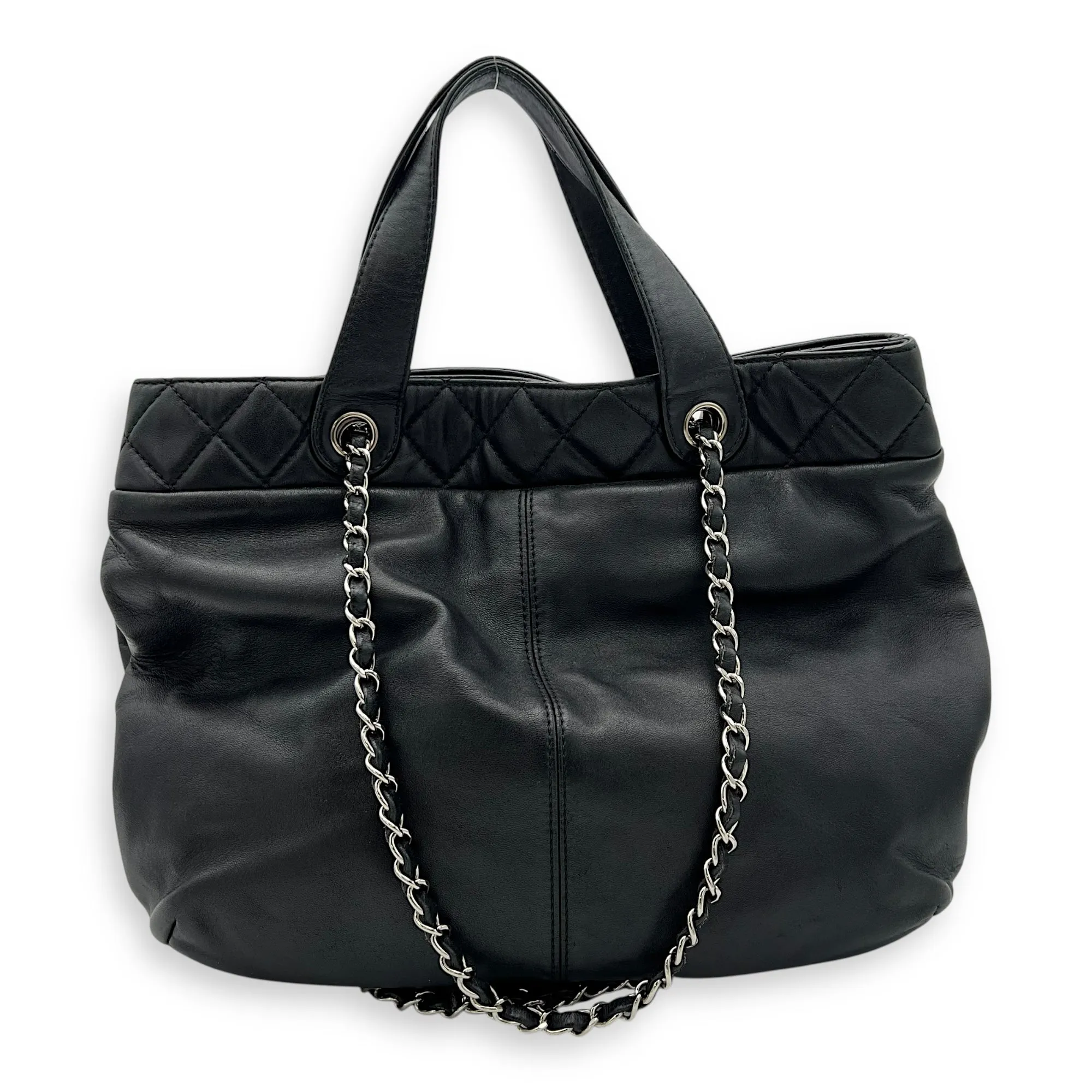 Trianon Shopping Black Tote Bag in Lambskin, Silver hardware