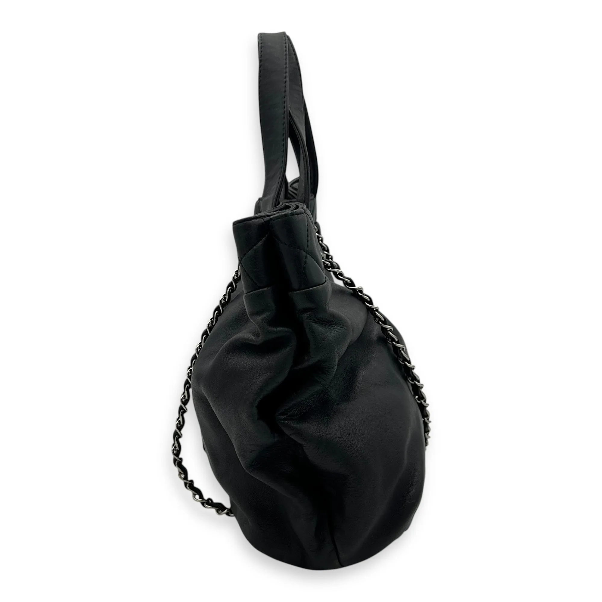 Trianon Shopping Black Tote Bag in Lambskin, Silver hardware